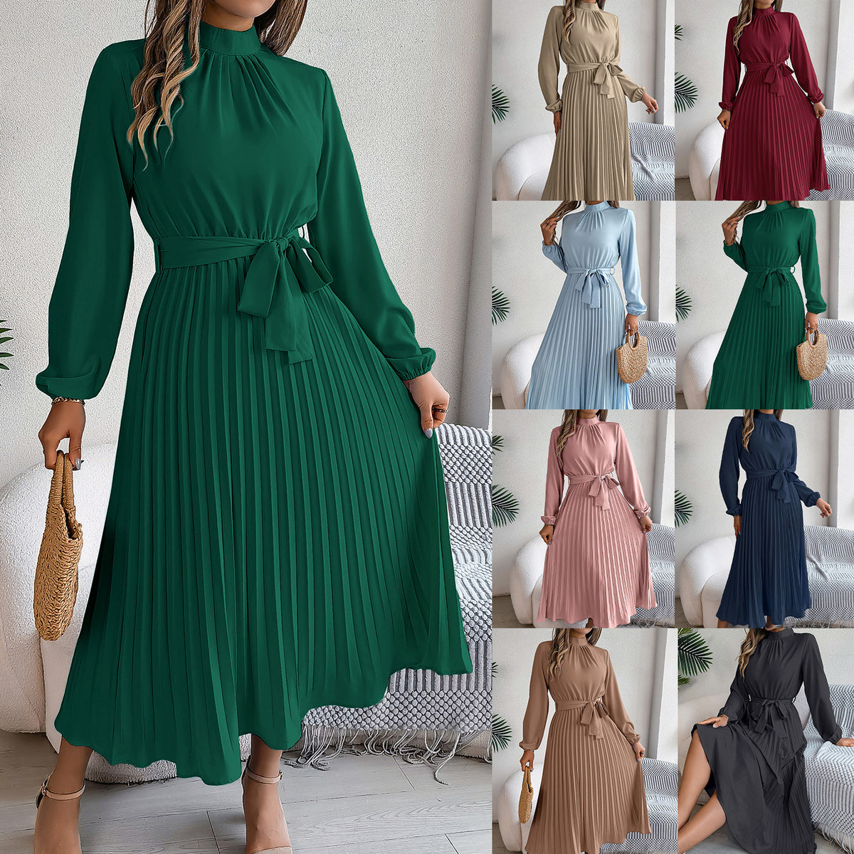Elegant Stand-Collar Pleated Long Dress