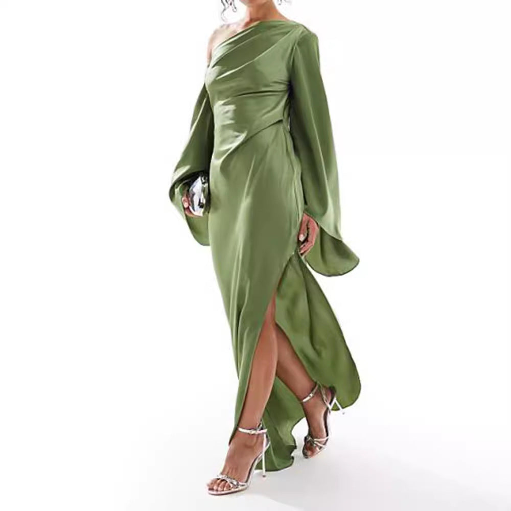 Green Satin Maxi Dress – Asymmetrical Hem