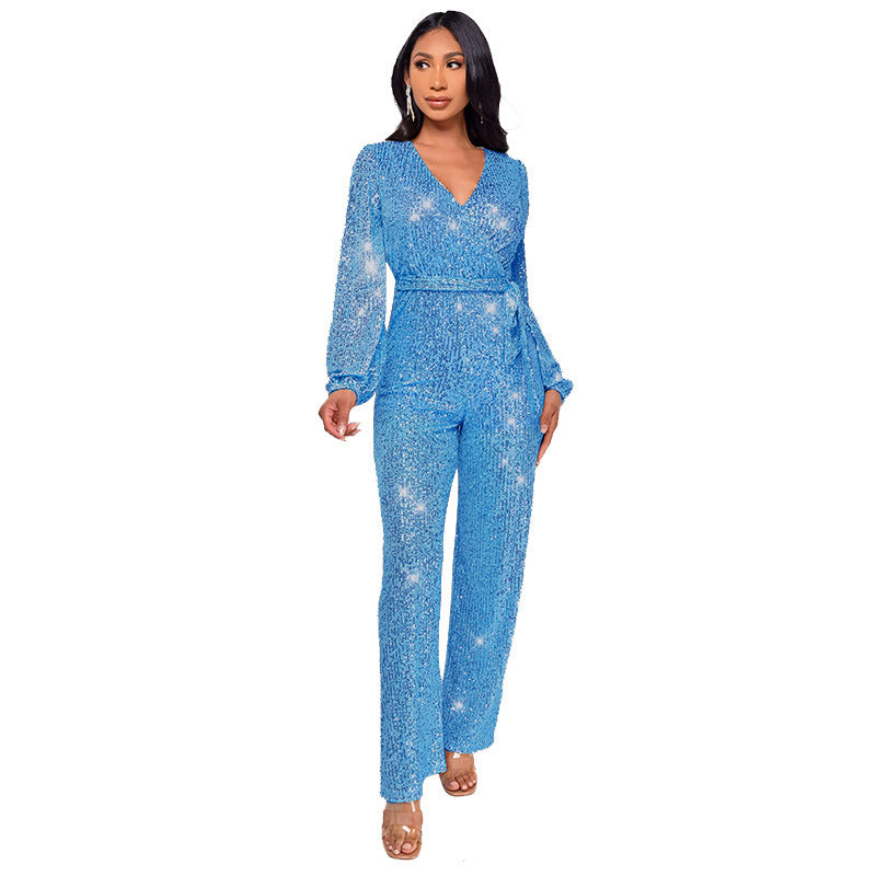 Women's Deep V-Neck Jumpsuit with Sequined Belt