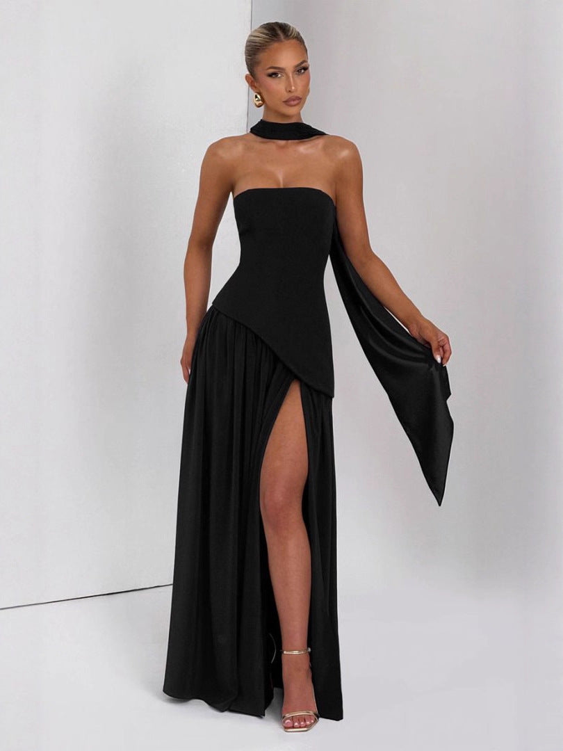 Elegant Backless Slit Milk Silk Dress