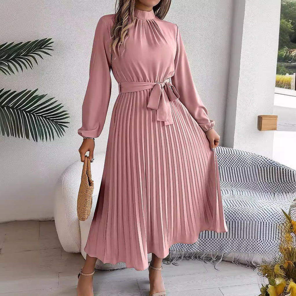 Elegant Stand-Collar Pleated Long Dress