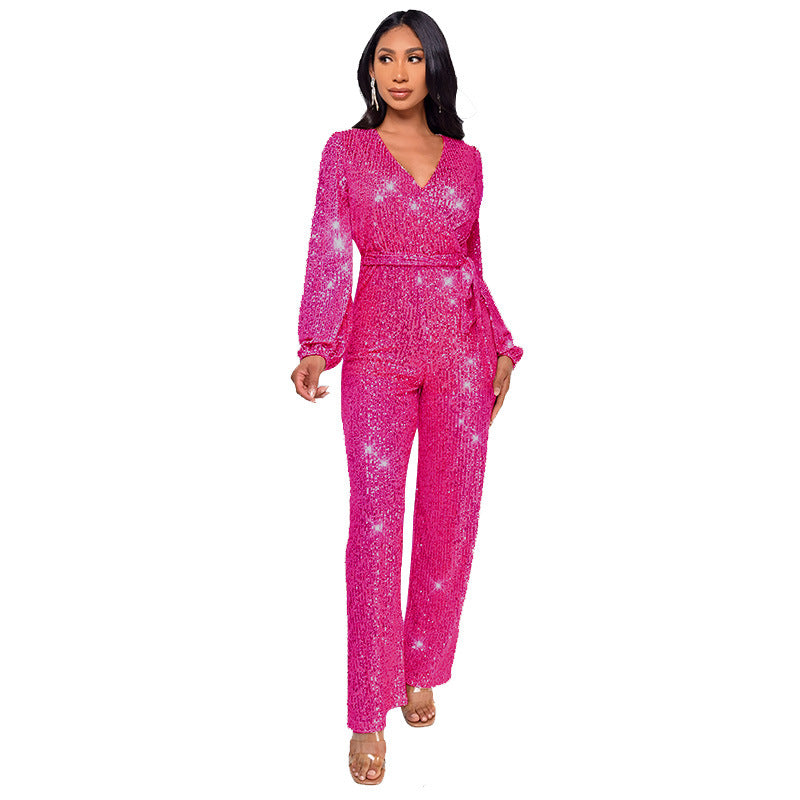Women's Deep V-Neck Jumpsuit with Sequined Belt