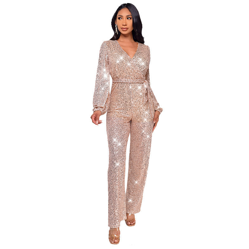 Women's Deep V-Neck Jumpsuit with Sequined Belt