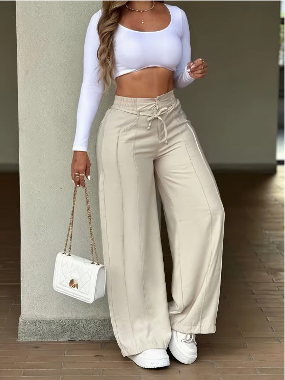 Drawstring High-Waist Wide-Leg Pants