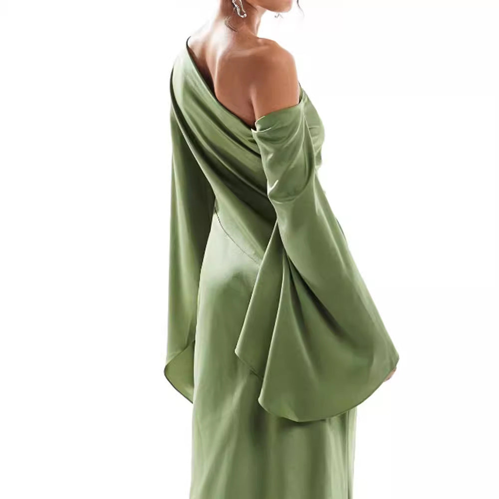 Green Satin Maxi Dress – Asymmetrical Hem