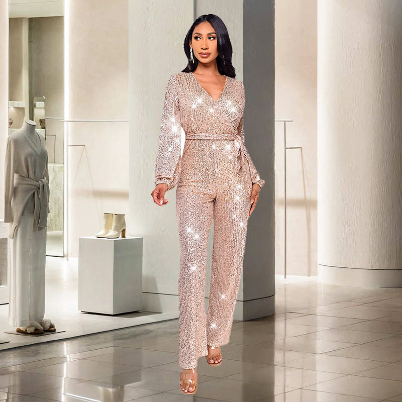 Women's Deep V-Neck Jumpsuit with Sequined Belt