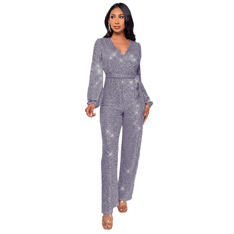 Women's Deep V-Neck Jumpsuit with Sequined Belt