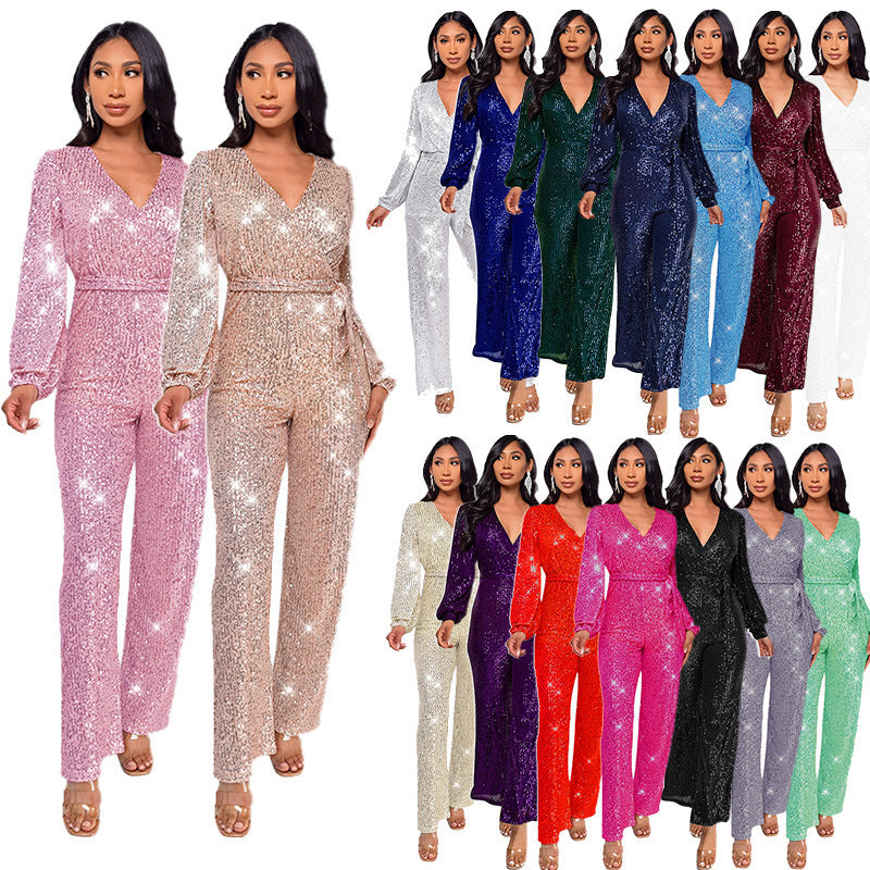 Women's Deep V-Neck Jumpsuit with Sequined Belt