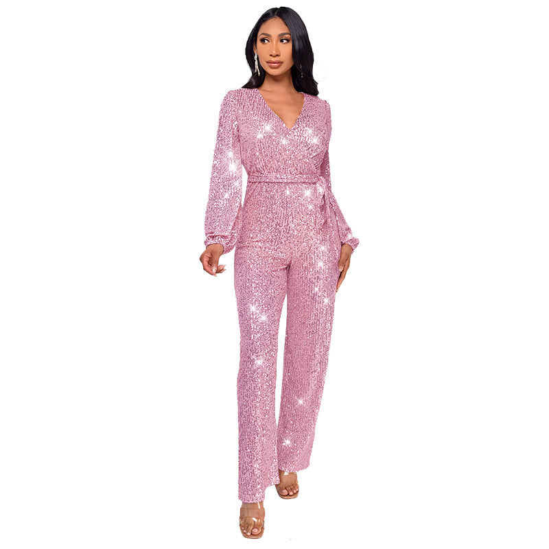 Women's Deep V-Neck Jumpsuit with Sequined Belt
