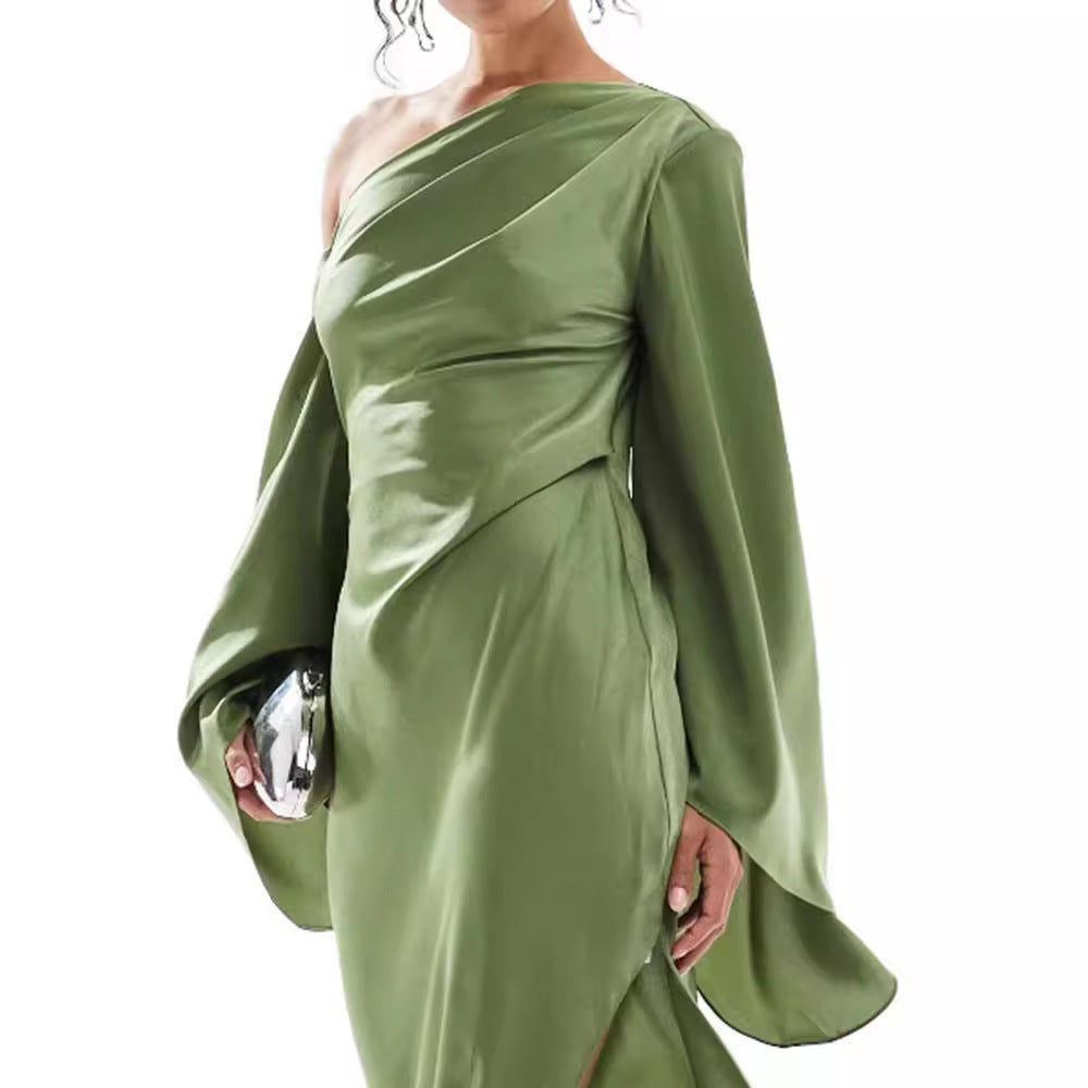 Green Satin Maxi Dress – Asymmetrical Hem