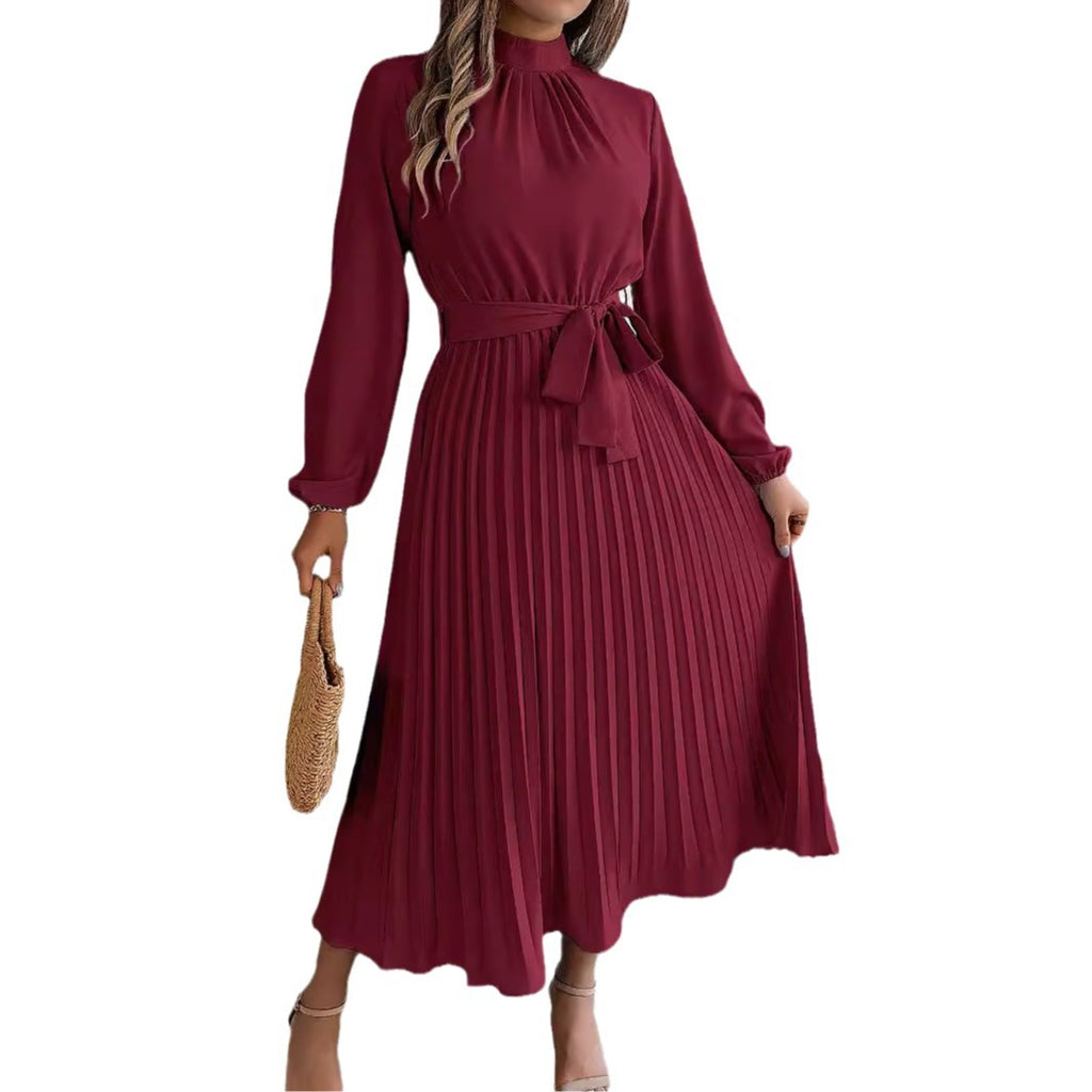 Elegant Stand-Collar Pleated Long Dress