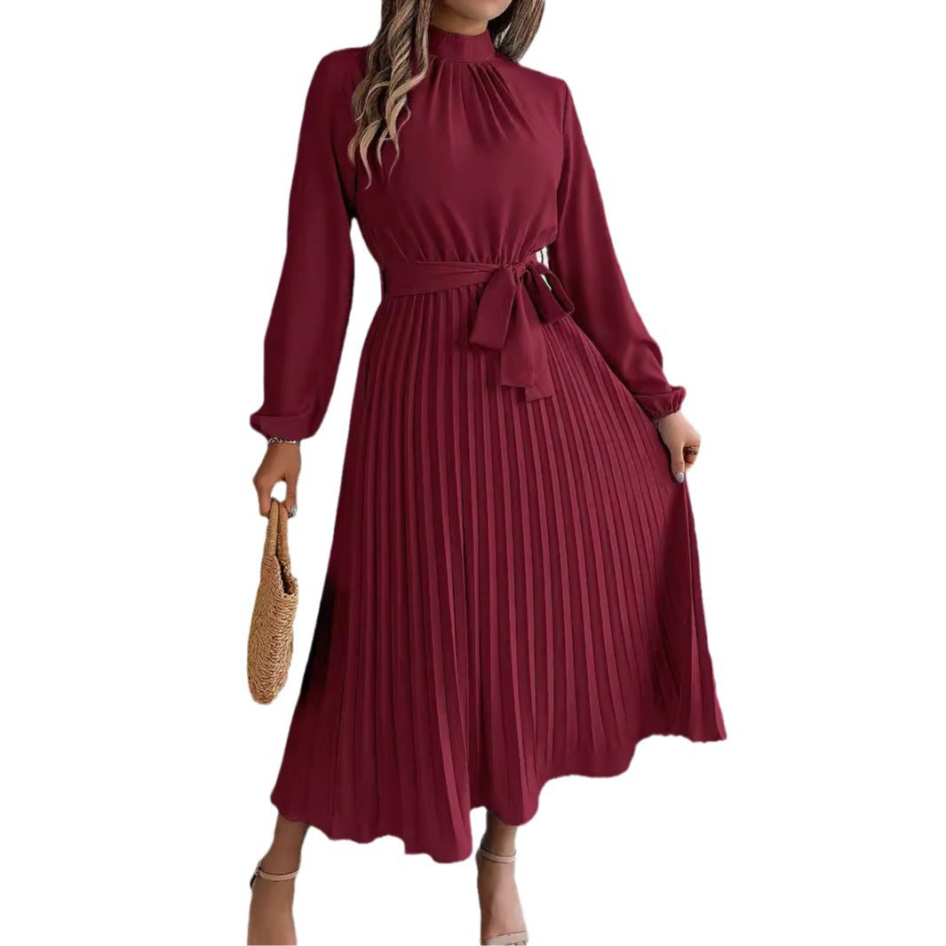 Elegant Stand-Collar Pleated Long Dress