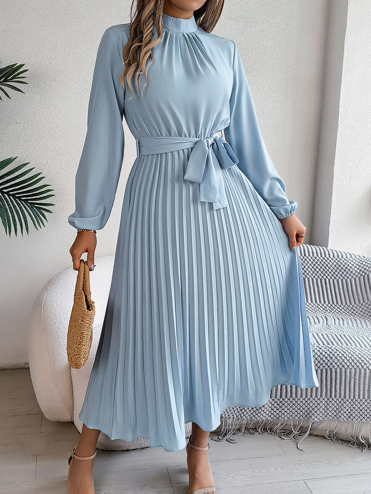 Elegant Stand-Collar Pleated Long Dress