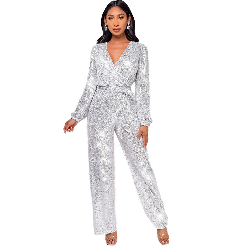 Women's Deep V-Neck Jumpsuit with Sequined Belt