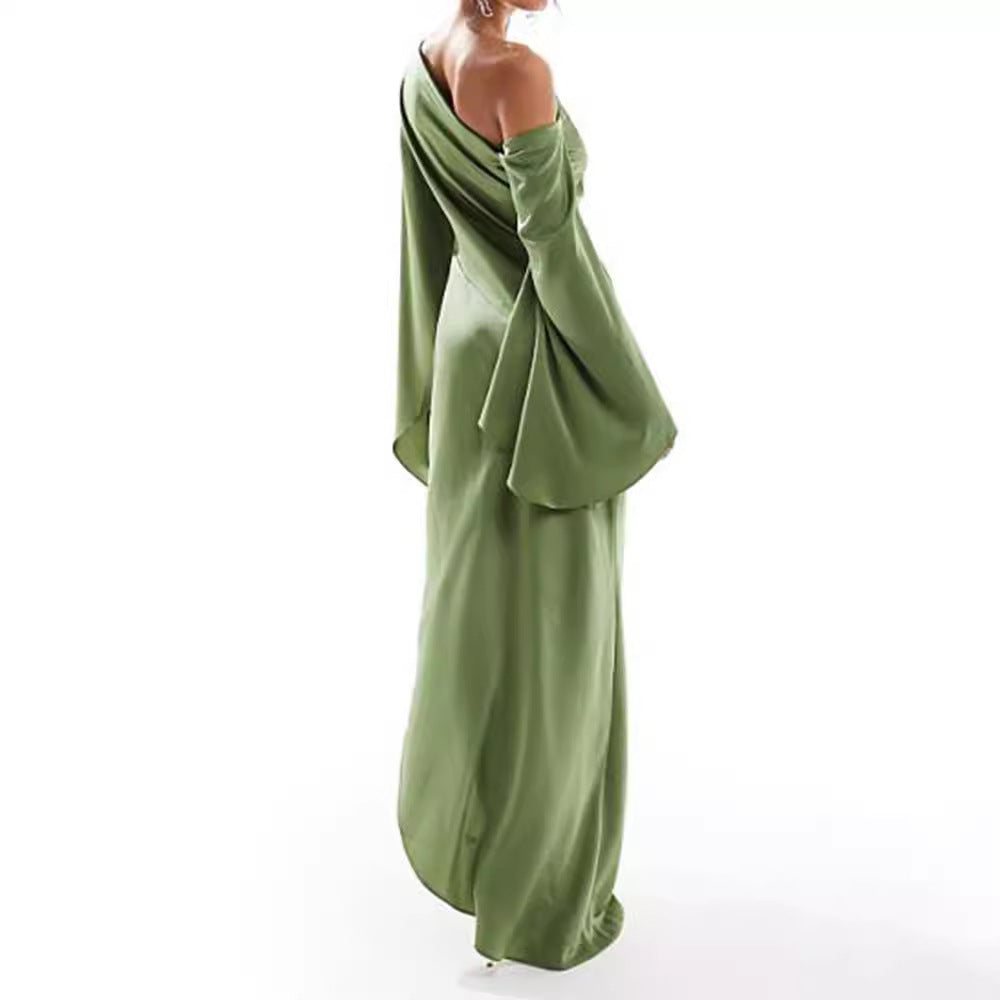 Green Satin Maxi Dress – Asymmetrical Hem