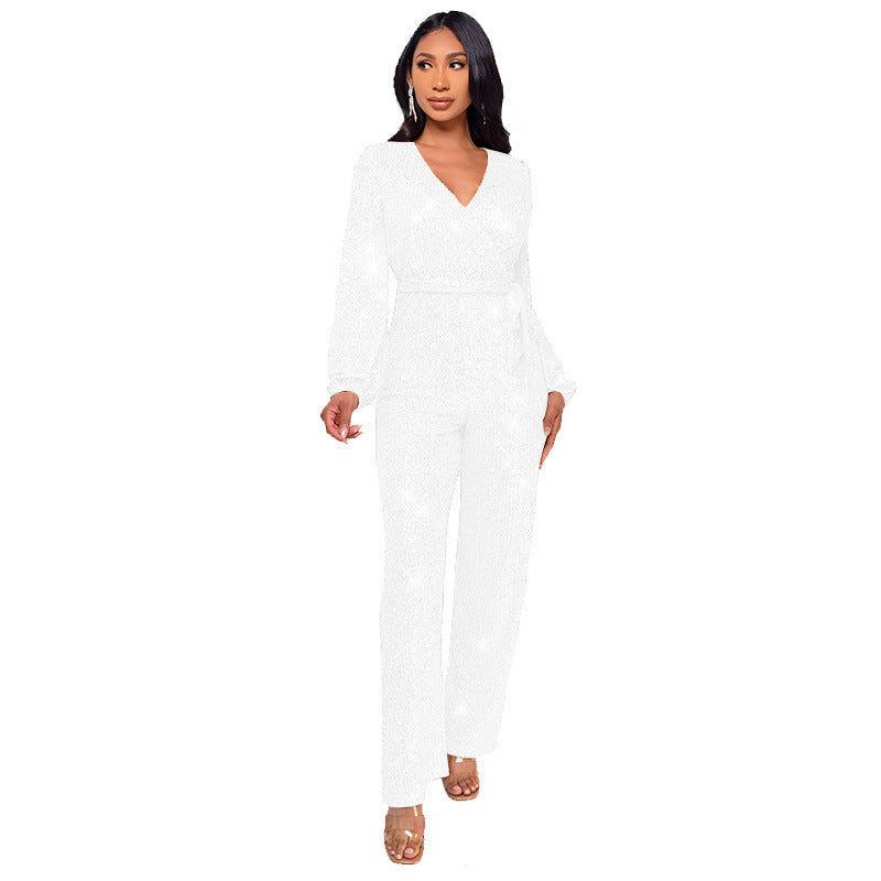 Women's Deep V-Neck Jumpsuit with Sequined Belt