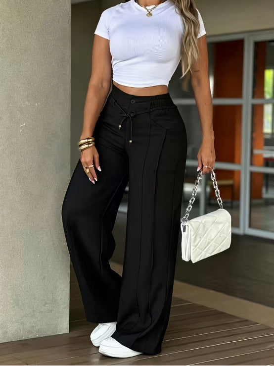 Drawstring High-Waist Wide-Leg Pants