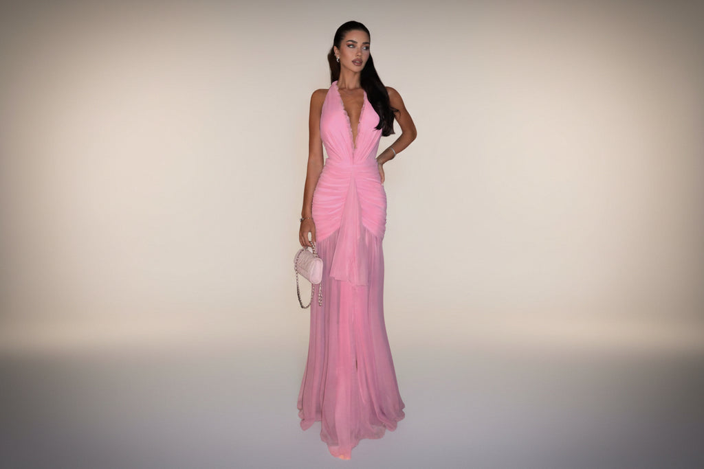 Elegant V-Neck Halter Pleated Mesh Dress