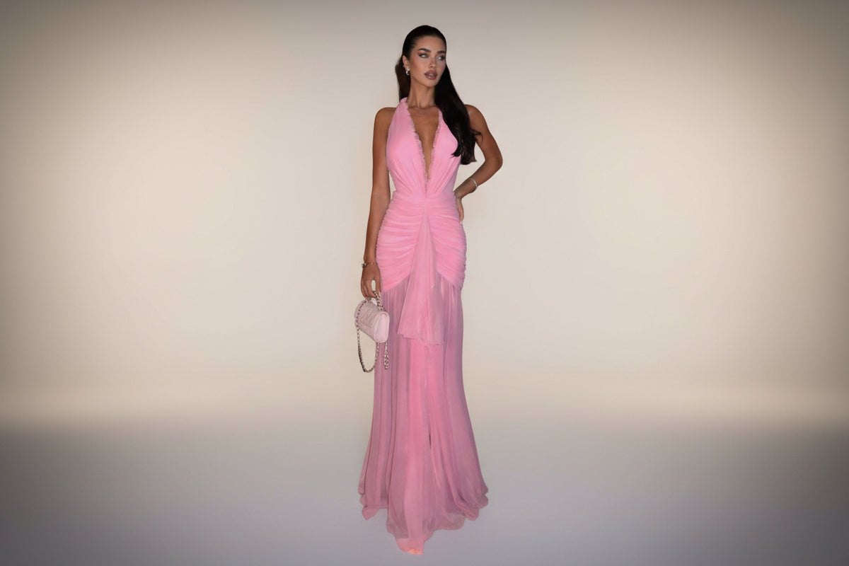 Elegant V-Neck Halter Pleated Mesh Dress