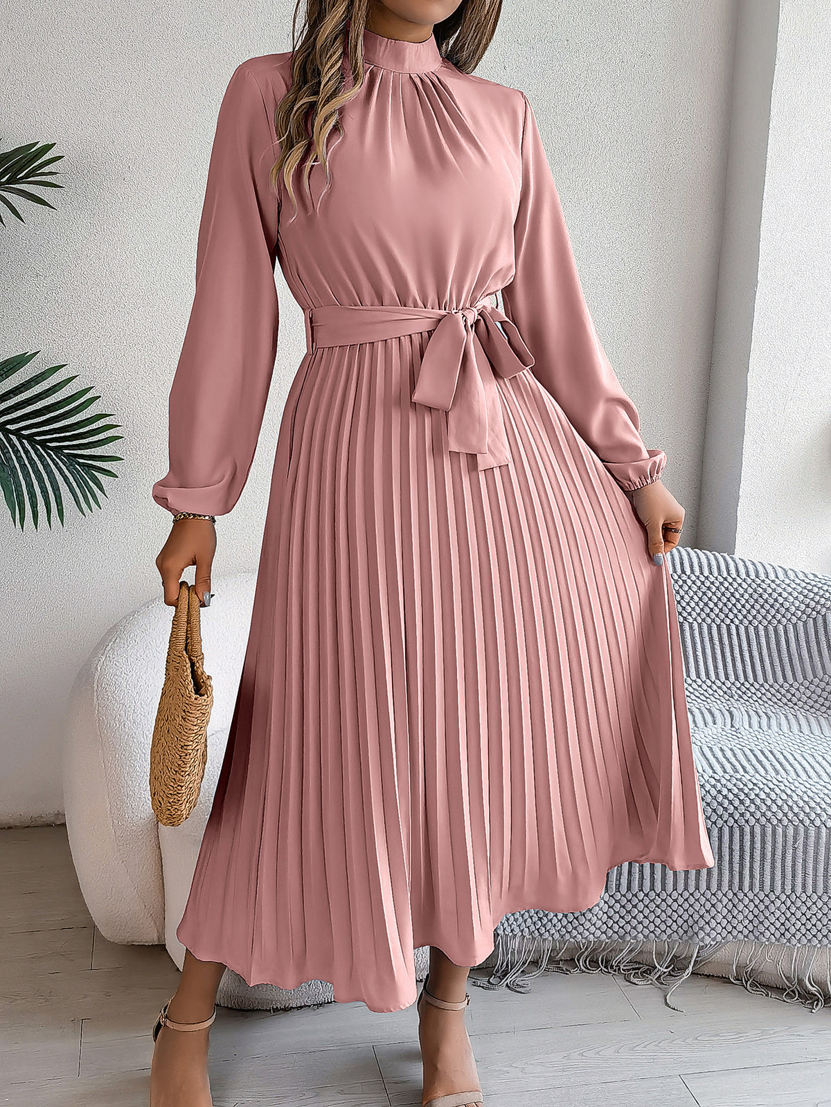 Elegant Stand-Collar Pleated Long Dress