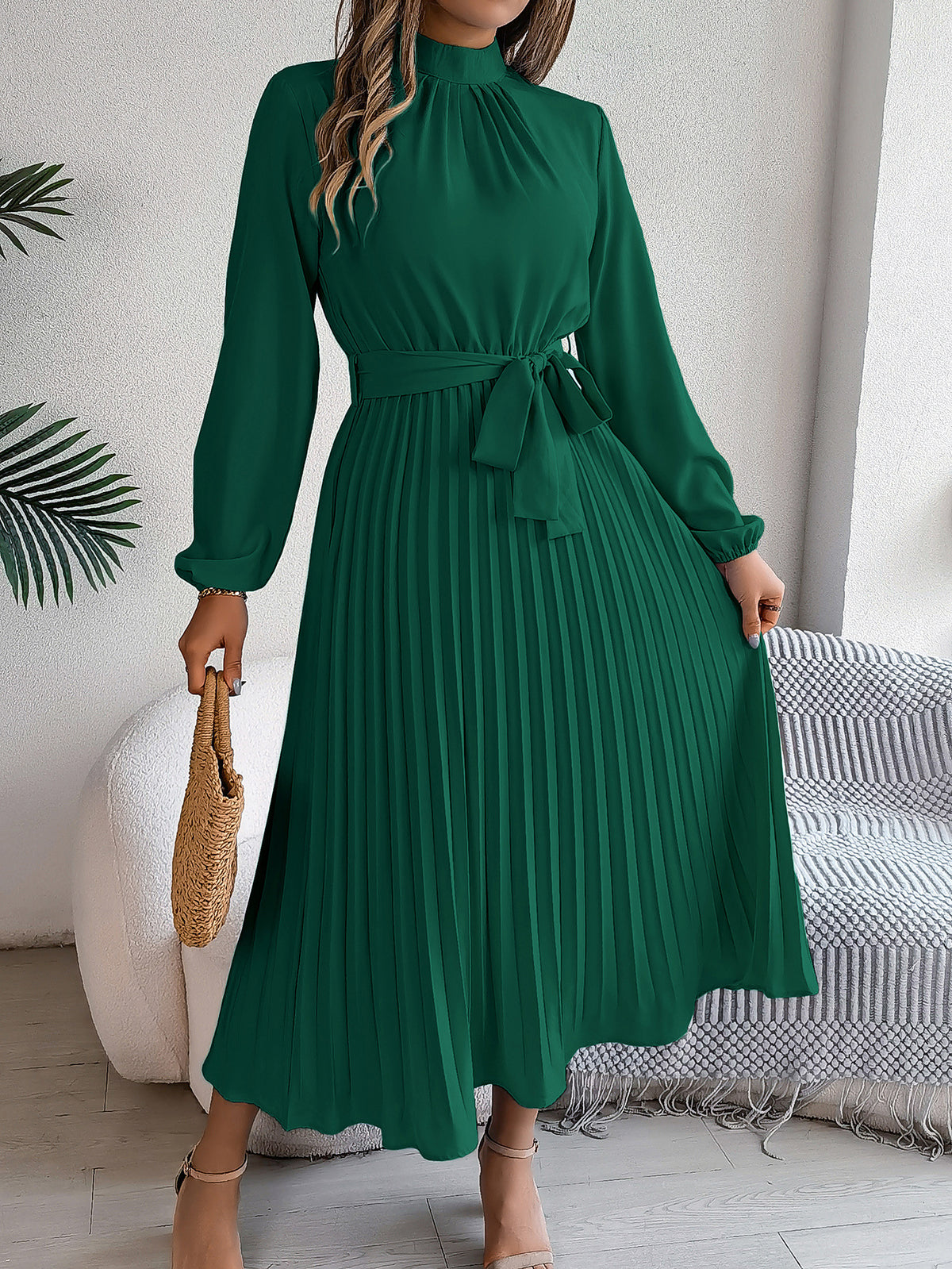 Elegant Stand-Collar Pleated Long Dress