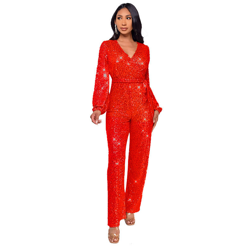 Women's Deep V-Neck Jumpsuit with Sequined Belt