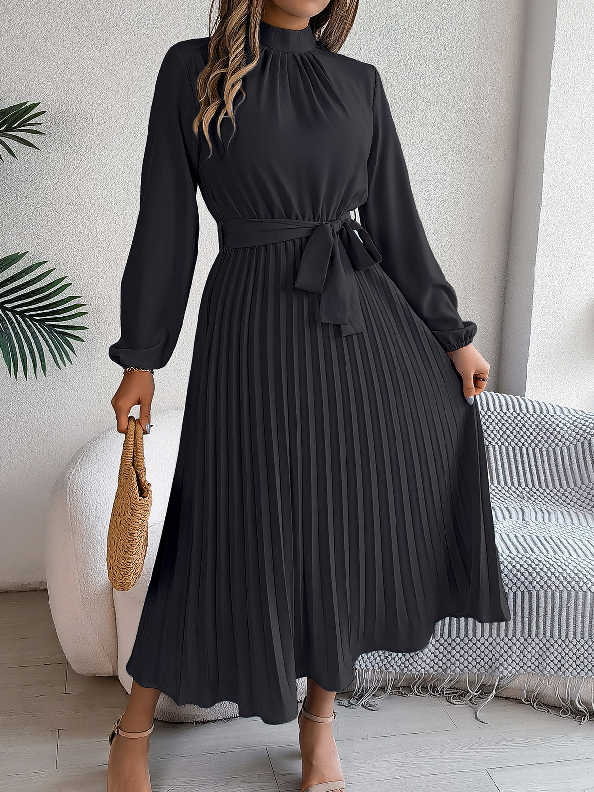 Elegant Stand-Collar Pleated Long Dress