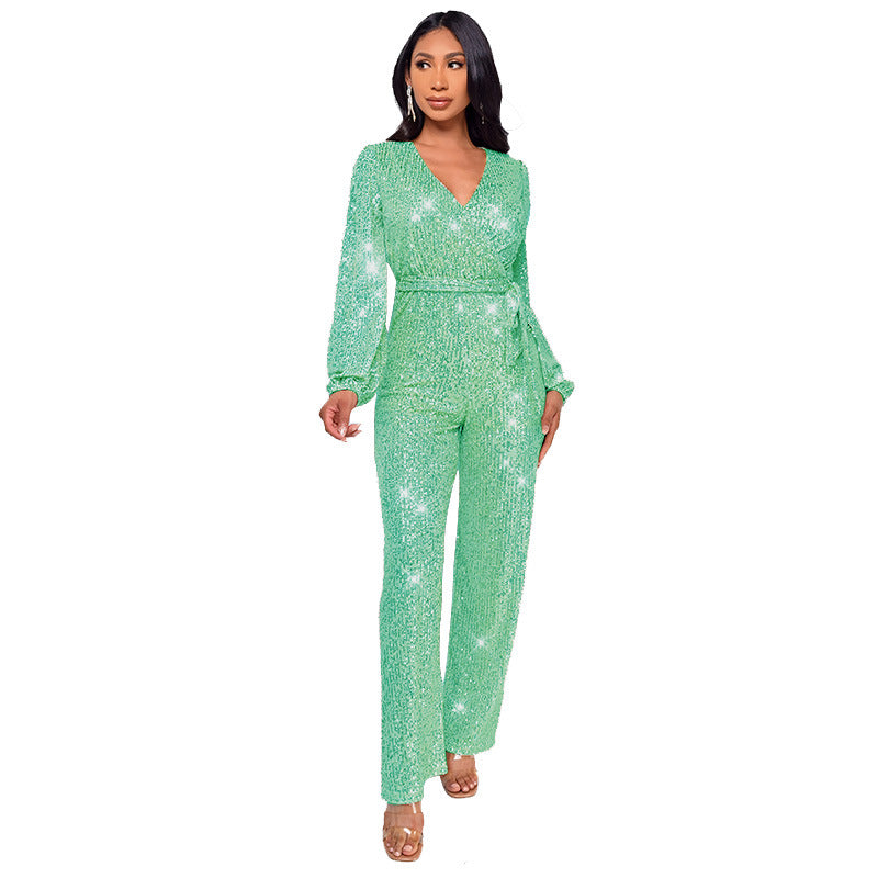 Women's Deep V-Neck Jumpsuit with Sequined Belt