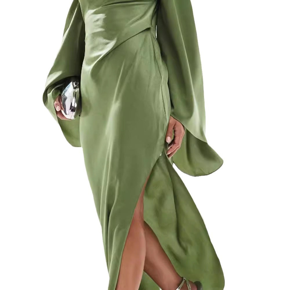 Green Satin Maxi Dress – Asymmetrical Hem