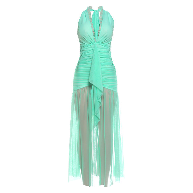 Elegant V-Neck Halter Pleated Mesh Dress