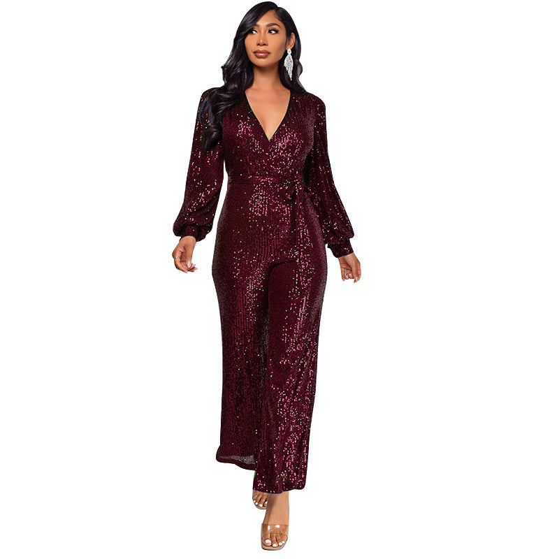 Women's Deep V-Neck Jumpsuit with Sequined Belt