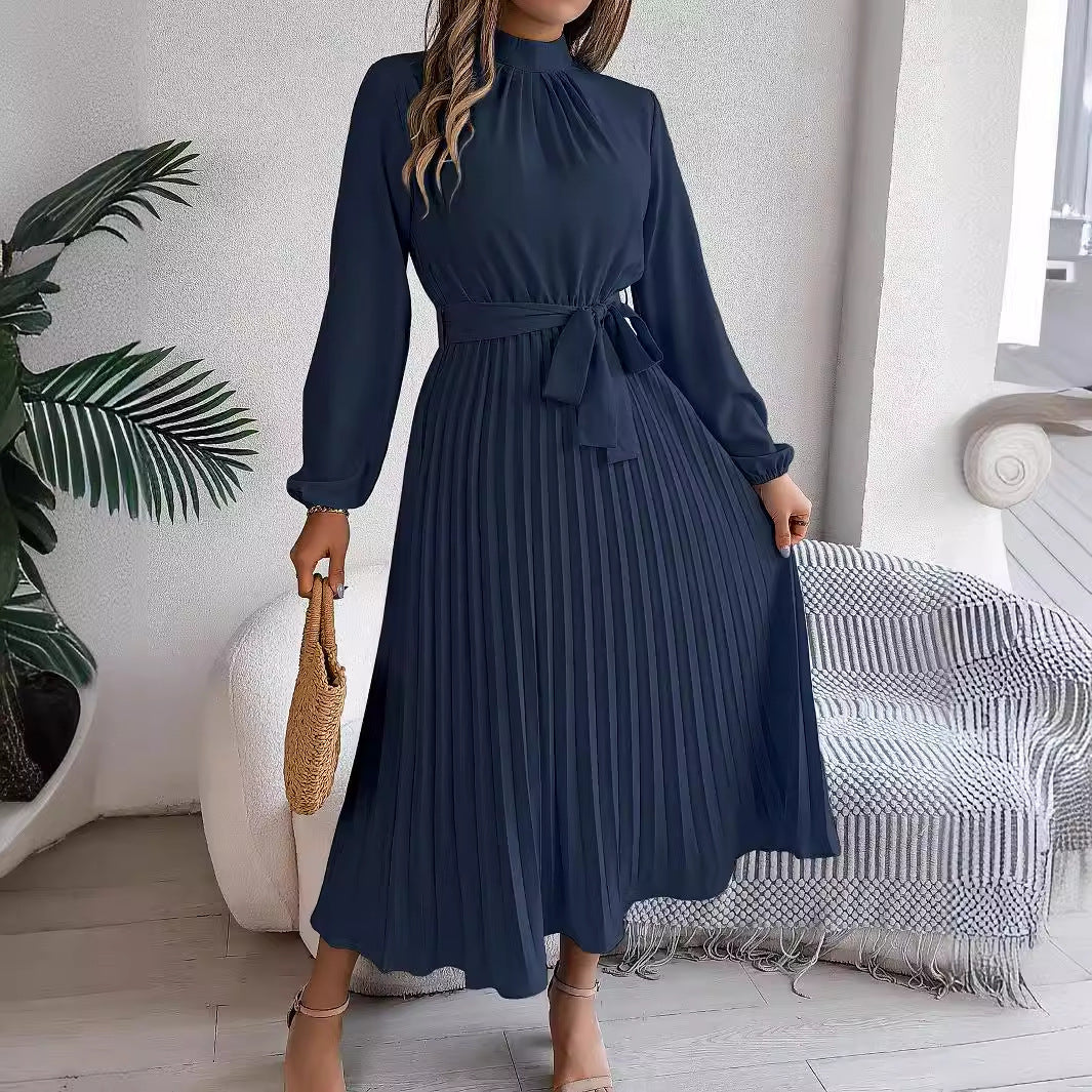 Elegant Stand-Collar Pleated Long Dress