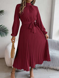 Elegant Stand-Collar Pleated Long Dress
