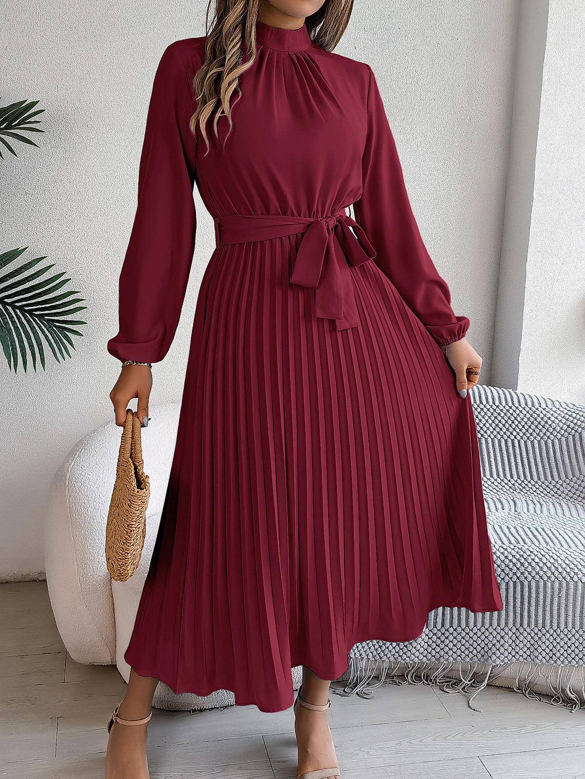 Elegant Stand-Collar Pleated Long Dress