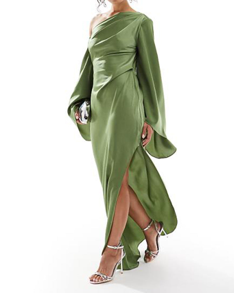 Green Satin Maxi Dress – Asymmetrical Hem
