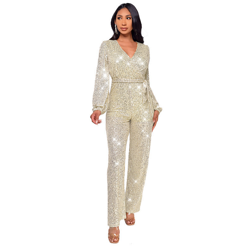 Women's Deep V-Neck Jumpsuit with Sequined Belt