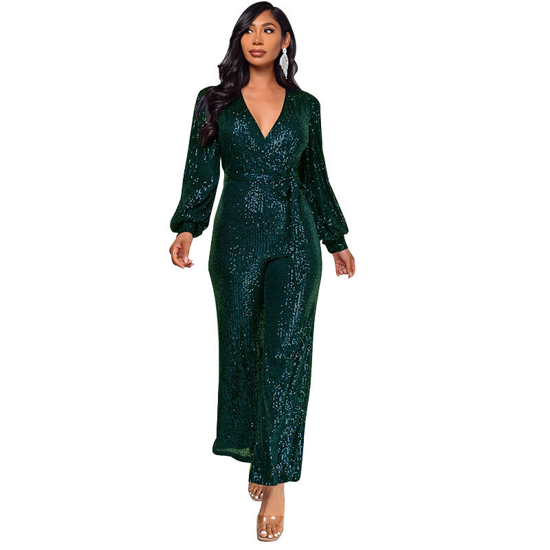 Women's Deep V-Neck Jumpsuit with Sequined Belt