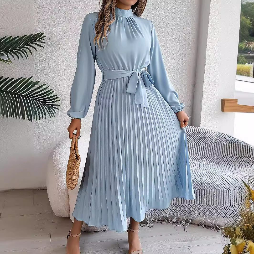 Elegant Stand-Collar Pleated Long Dress