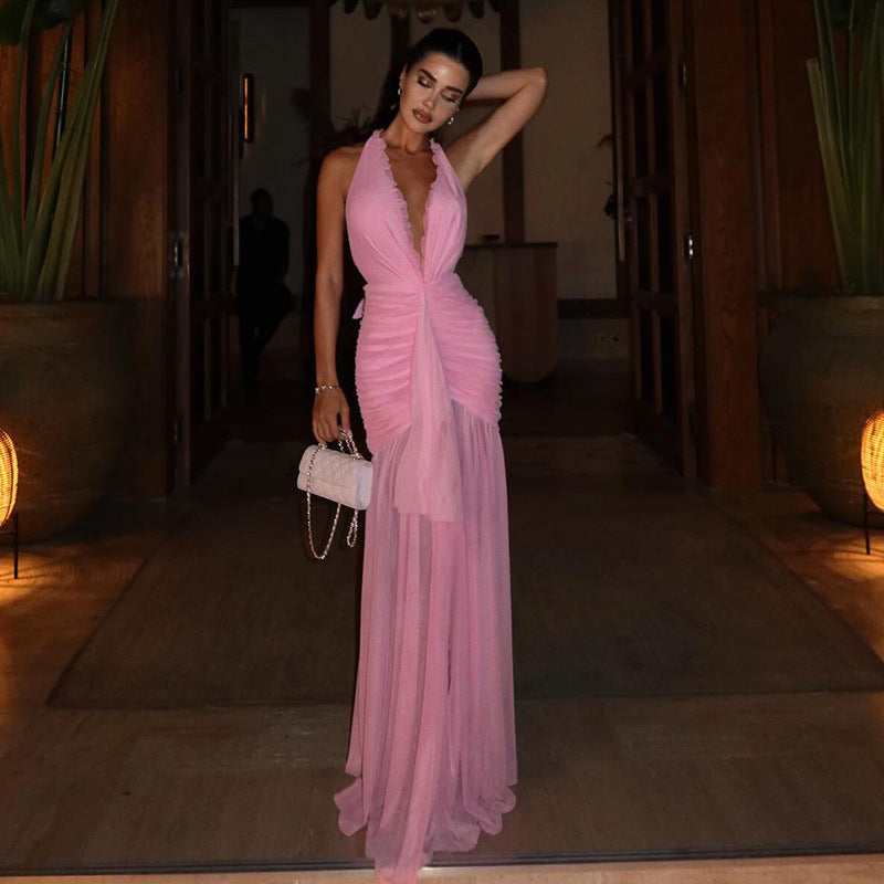 Elegant V-Neck Halter Pleated Mesh Dress