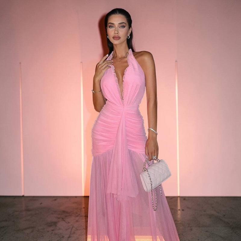Elegant V-Neck Halter Pleated Mesh Dress